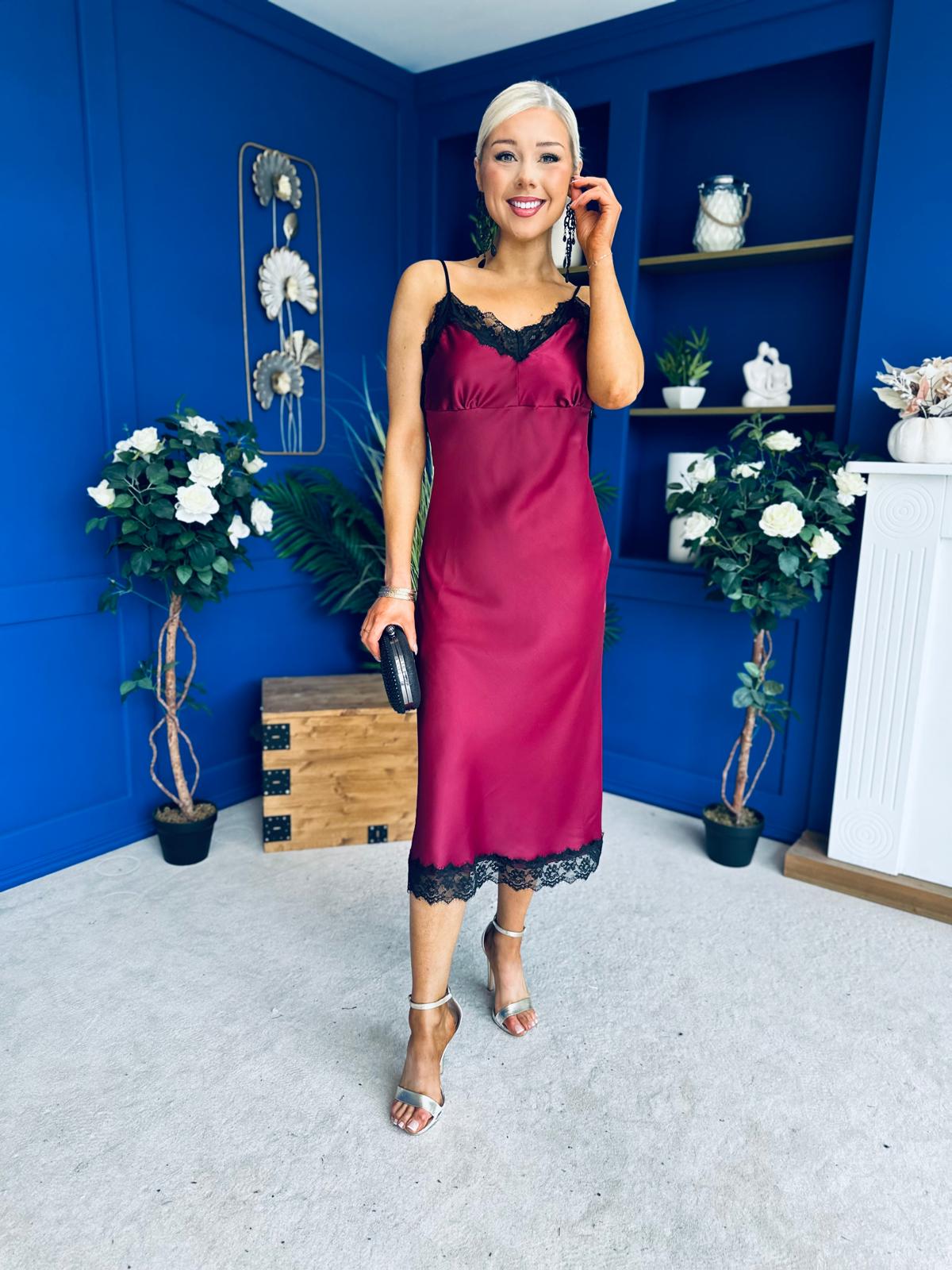 Brody Lace Detail Slinky Dress Wine