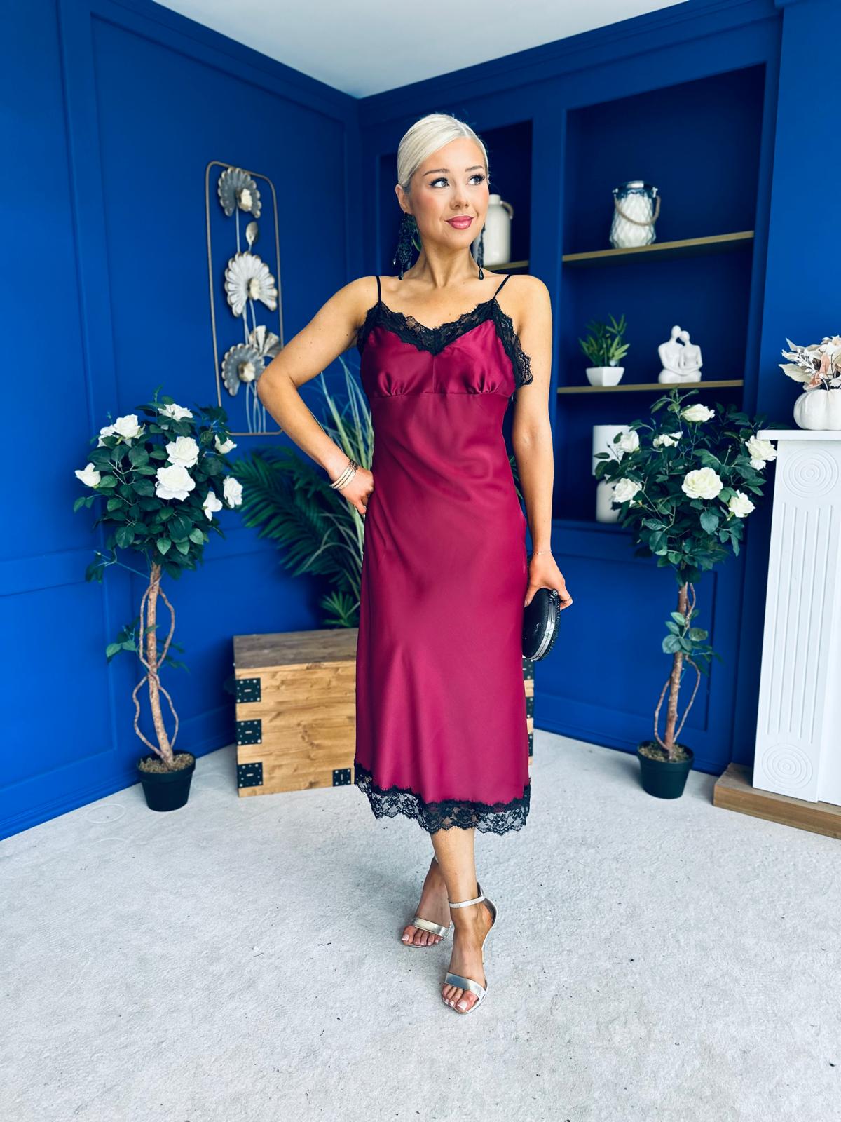 Brody Lace Detail Slinky Dress Wine