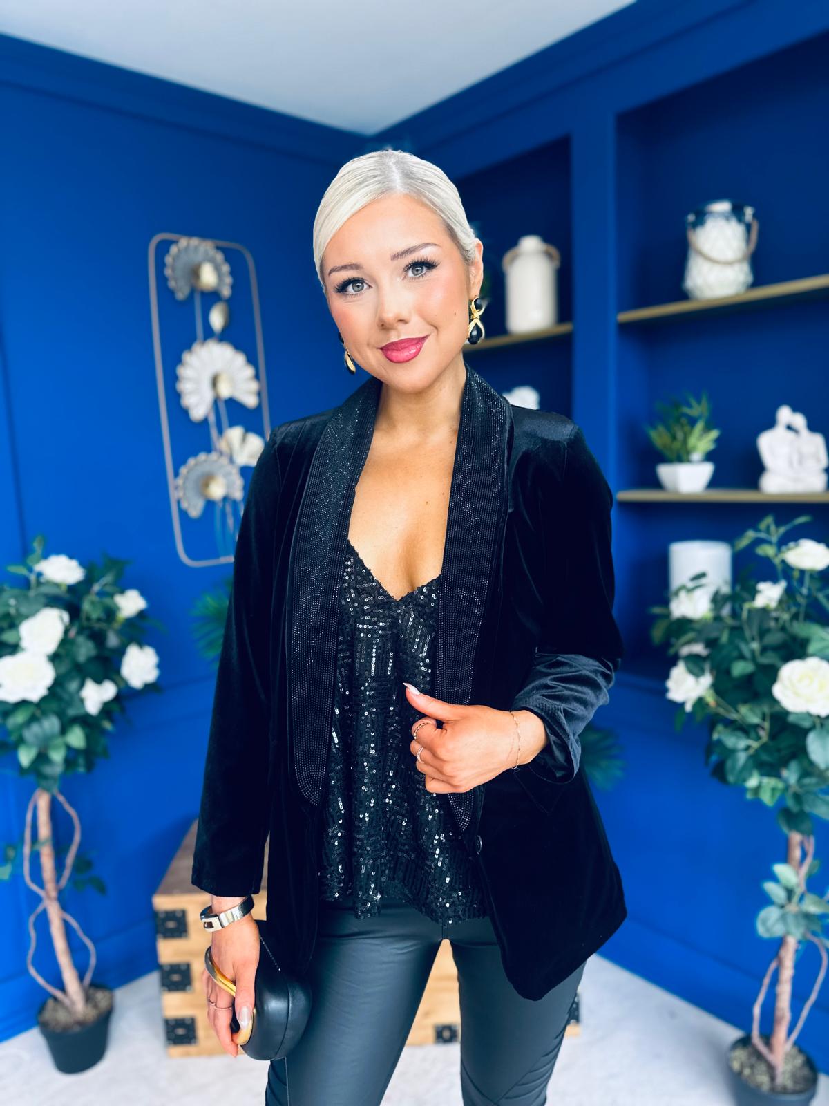 Alexis Velvet Detailed Blazer Black / Black