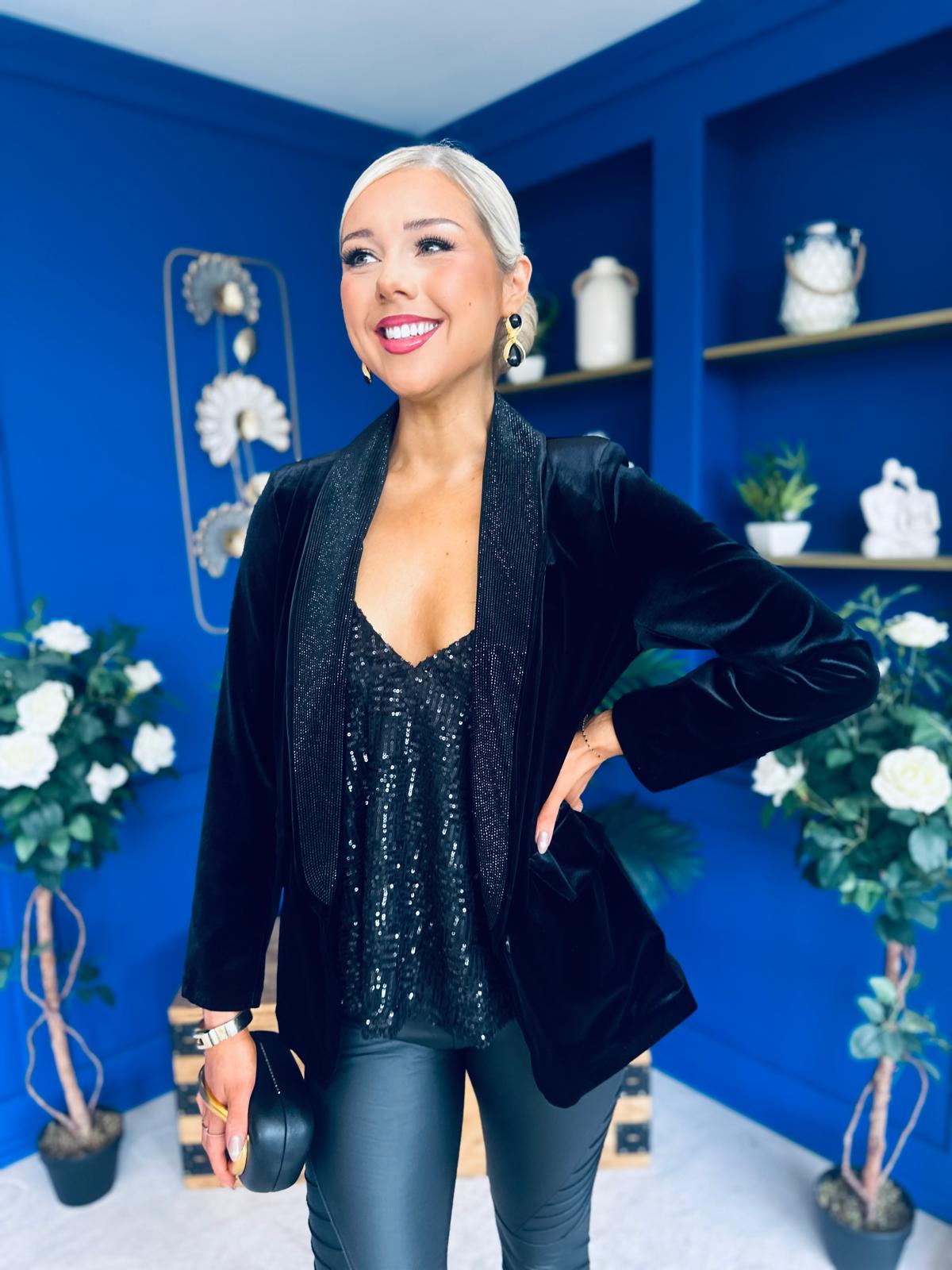 Alexis Velvet Detailed Blazer Black / Black