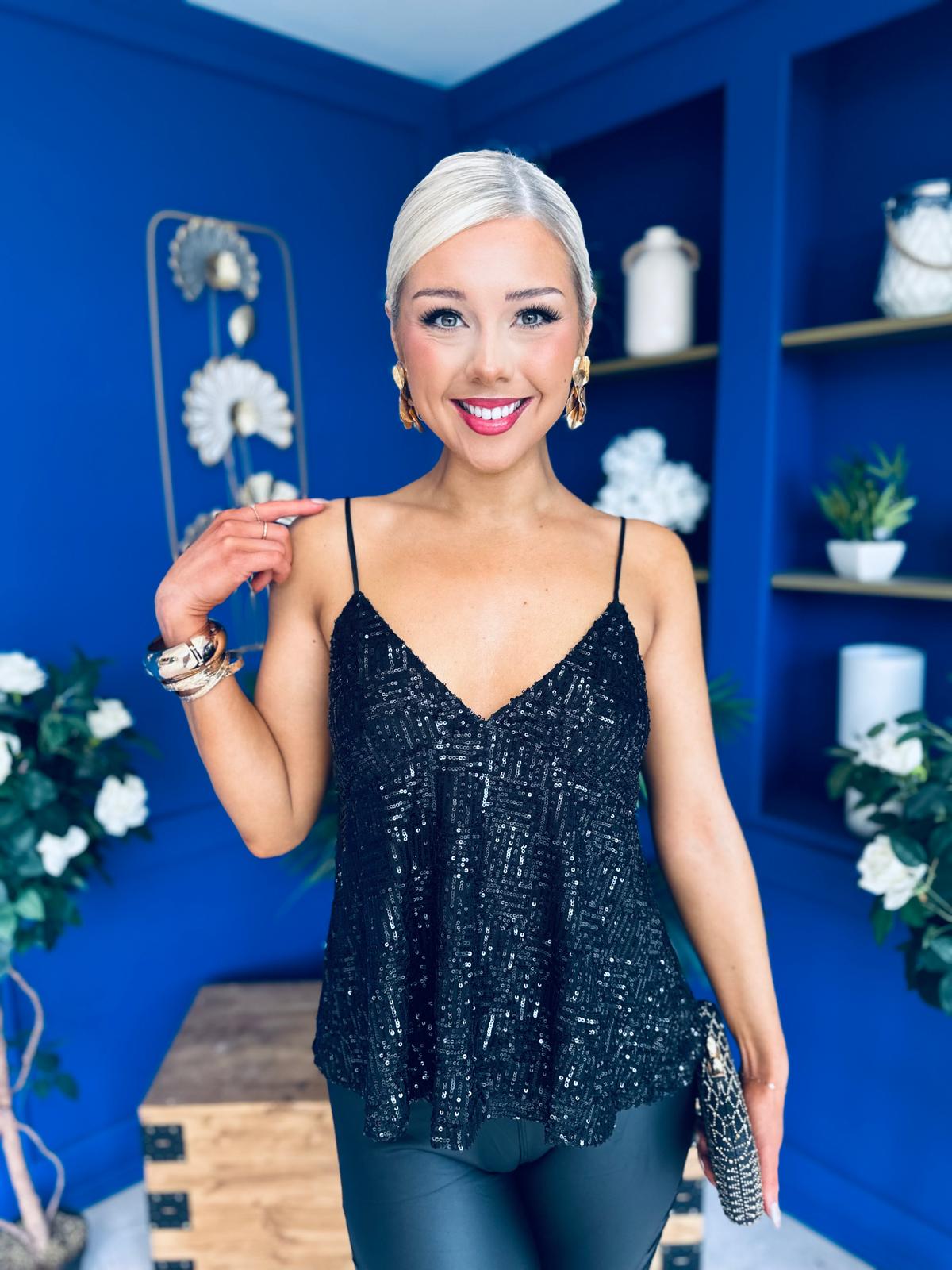 Julia Sequin Cami Top Black