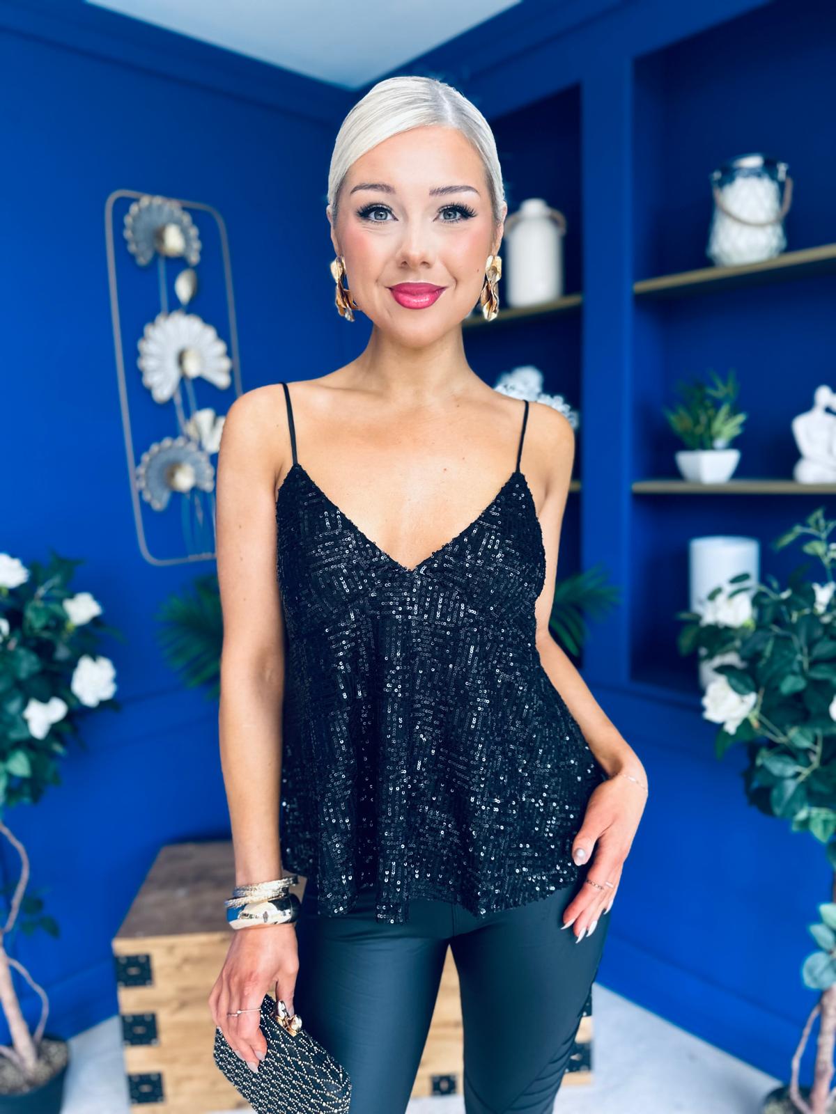 Julia Sequin Cami Top Black