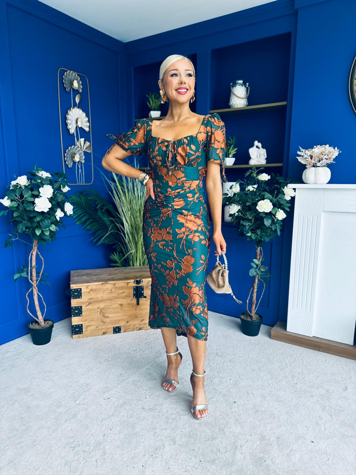 Dove Ruched Detail Midi Dress In Emerald Floral