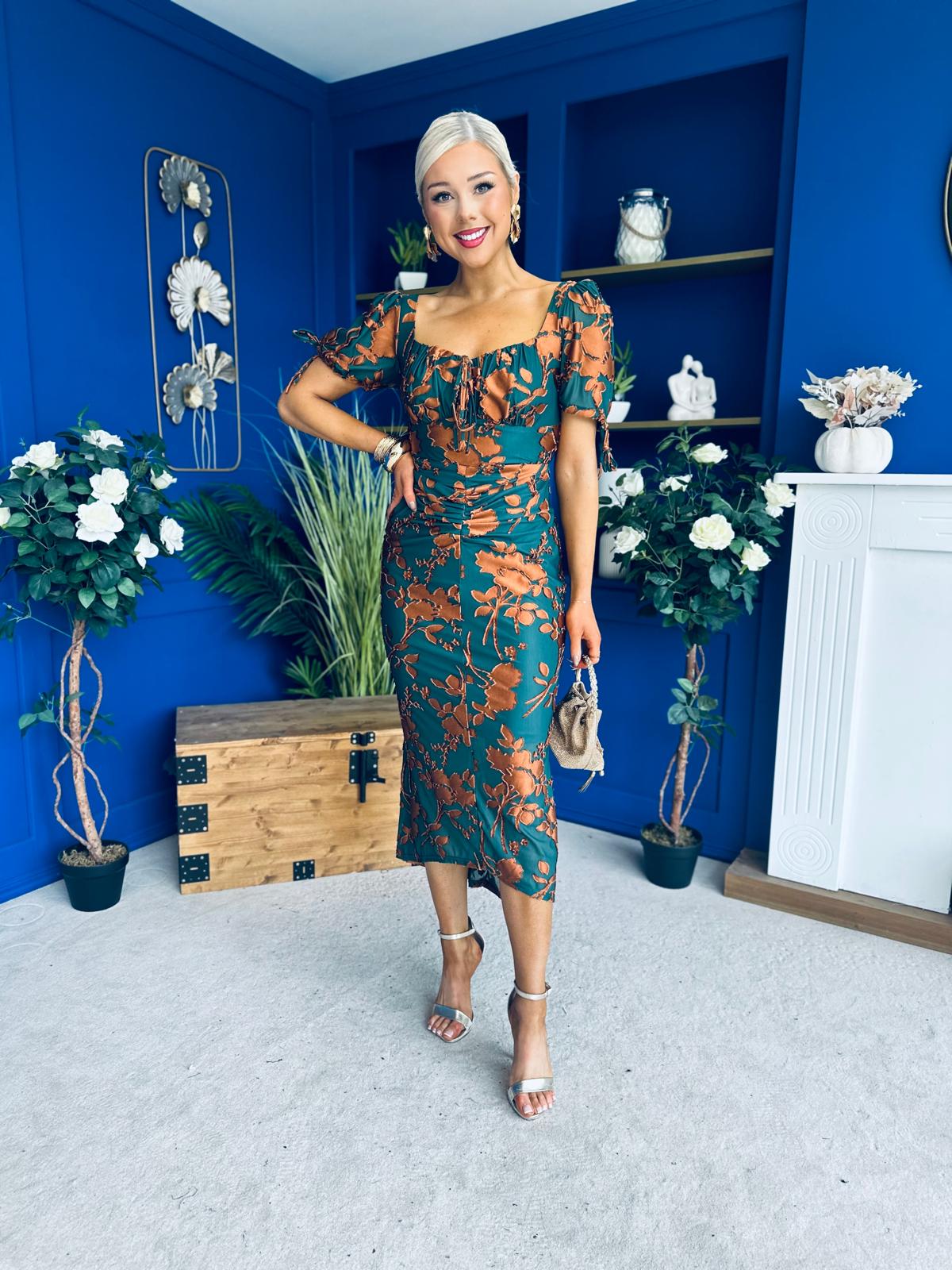 Dove Ruched Detail Midi Dress In Emerald Floral