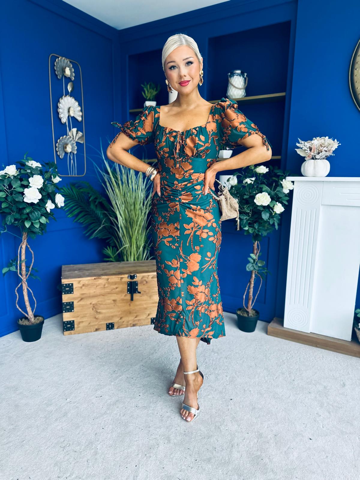 Dove Ruched Detail Midi Dress In Emerald Floral