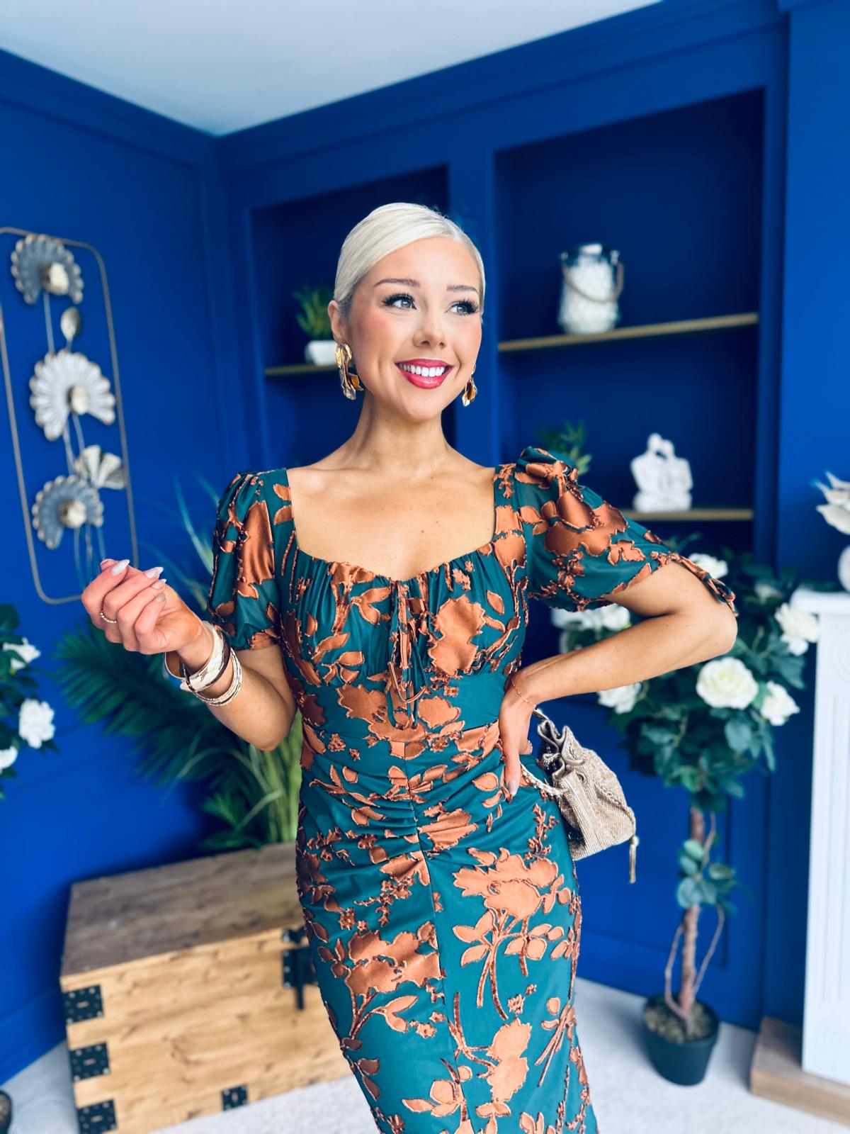 Dove Ruched Detail Midi Dress In Emerald Floral