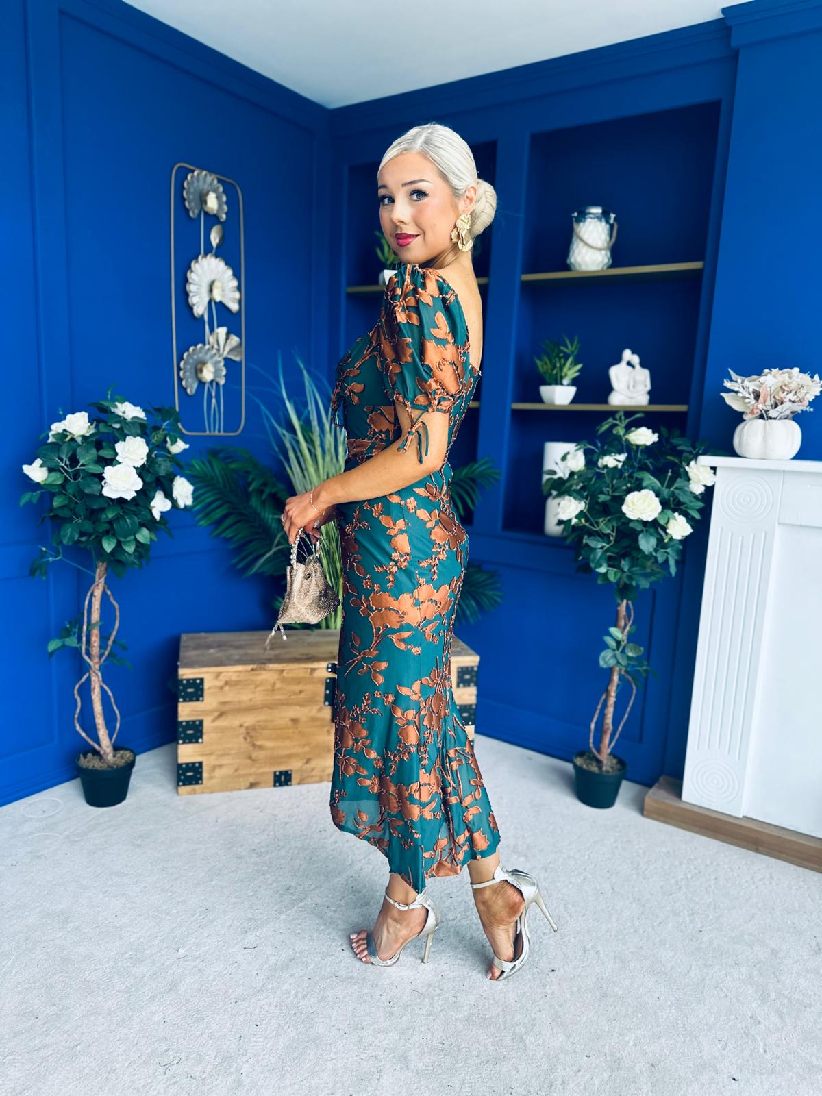 Dove Ruched Detail Midi Dress In Emerald Floral