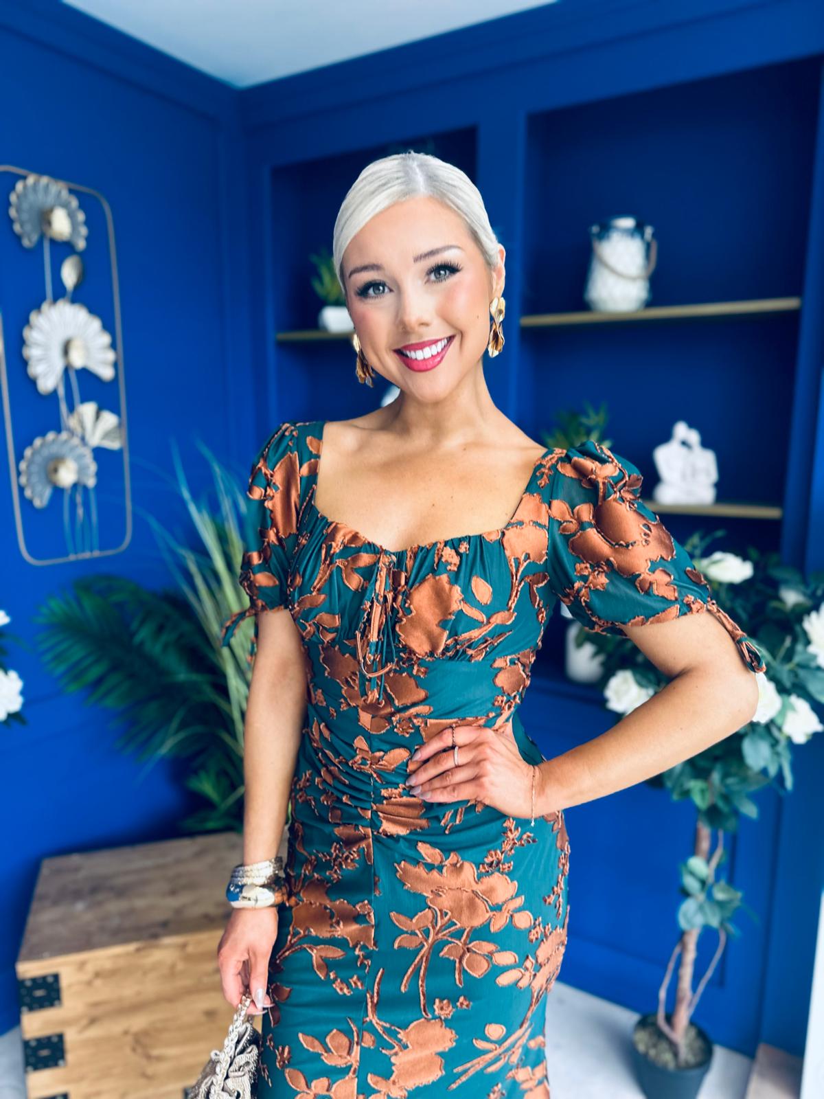 Dove Ruched Detail Midi Dress In Emerald Floral