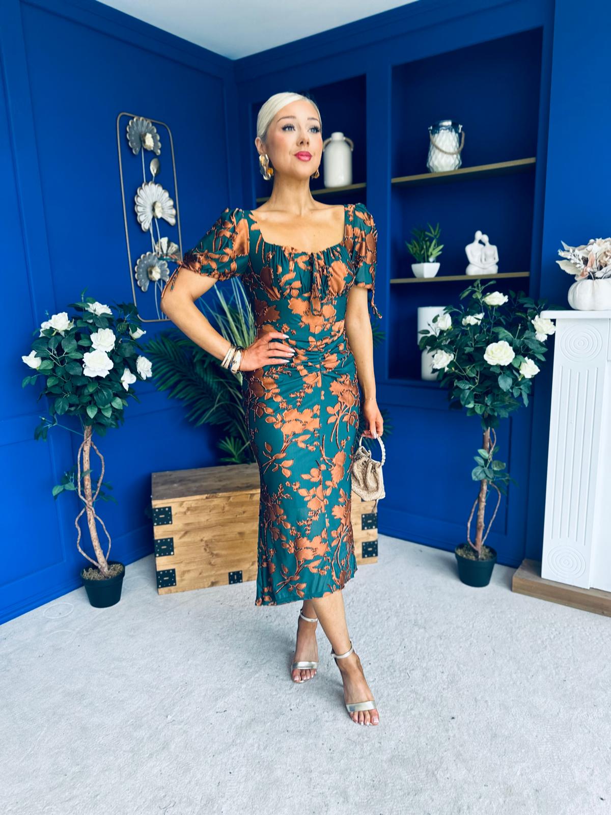 Dove Ruched Detail Midi Dress In Emerald Floral