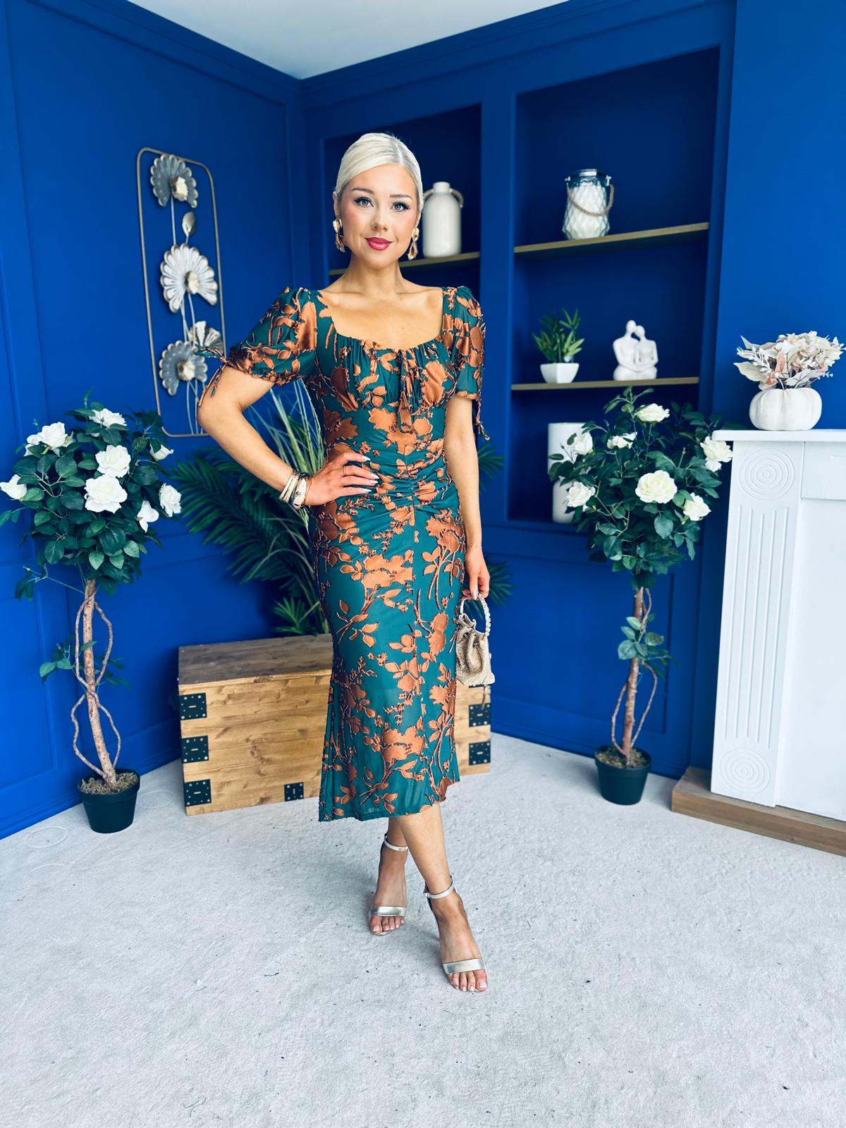 Dove Ruched Detail Midi Dress In Emerald Floral