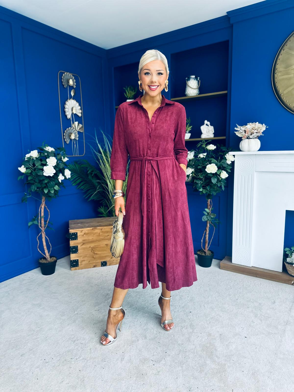 Angela Long Sleeve Maxi Shirt Dress Suede Wine