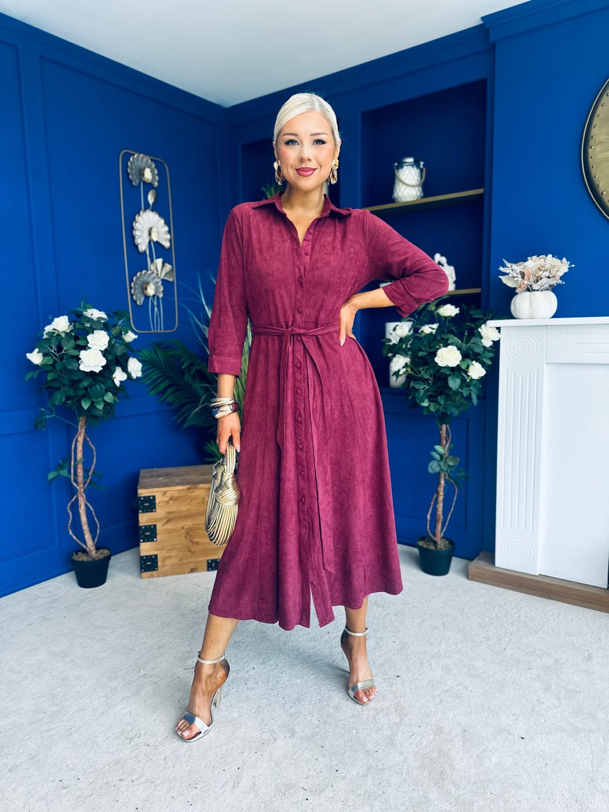 Angela Long Sleeve Maxi Shirt Dress Suede Wine