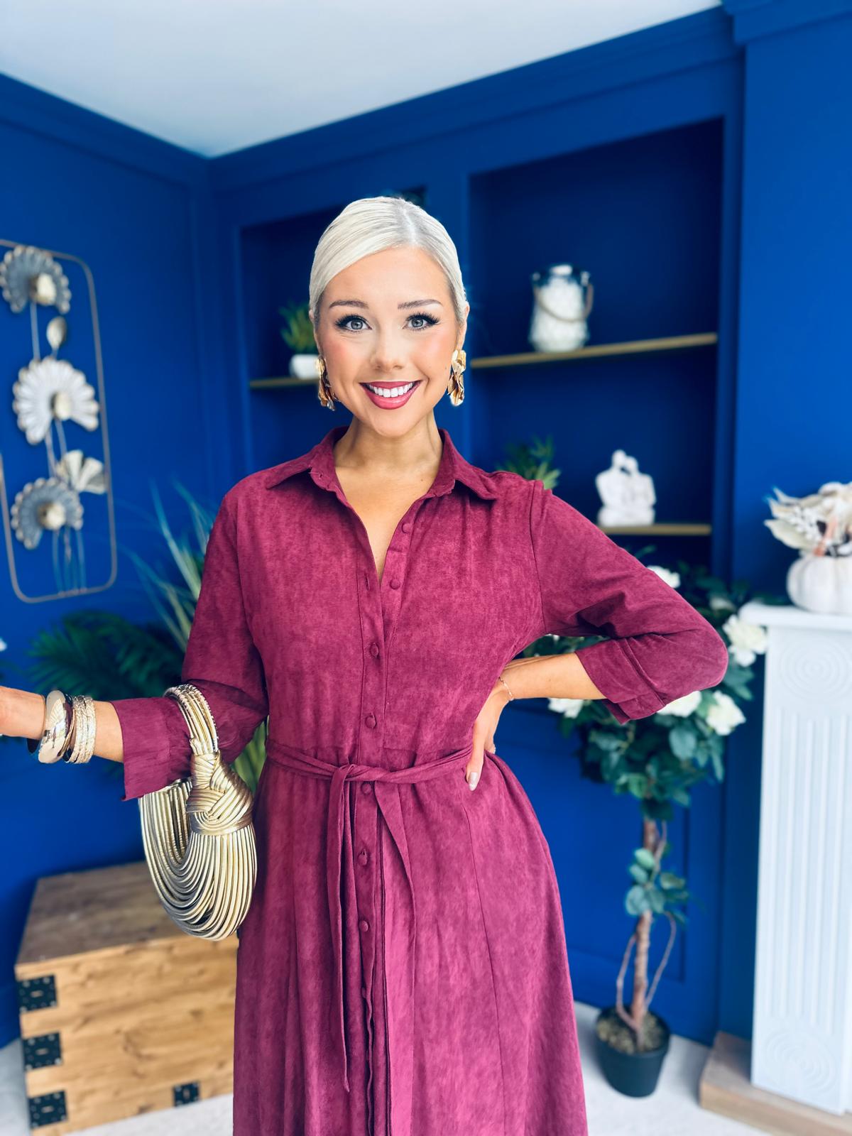 Angela Long Sleeve Maxi Shirt Dress Suede Wine