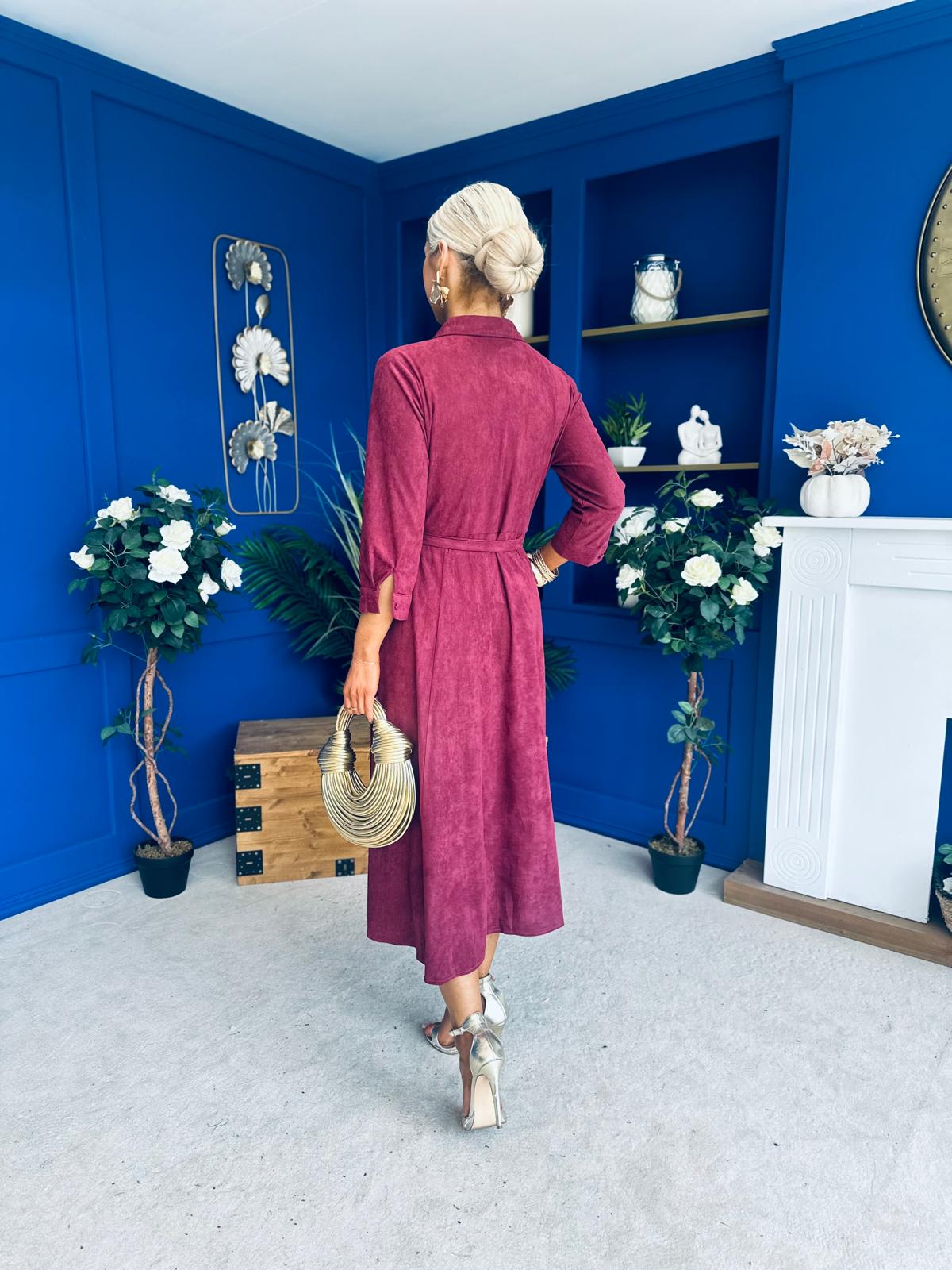 Angela Long Sleeve Maxi Shirt Dress Suede Wine