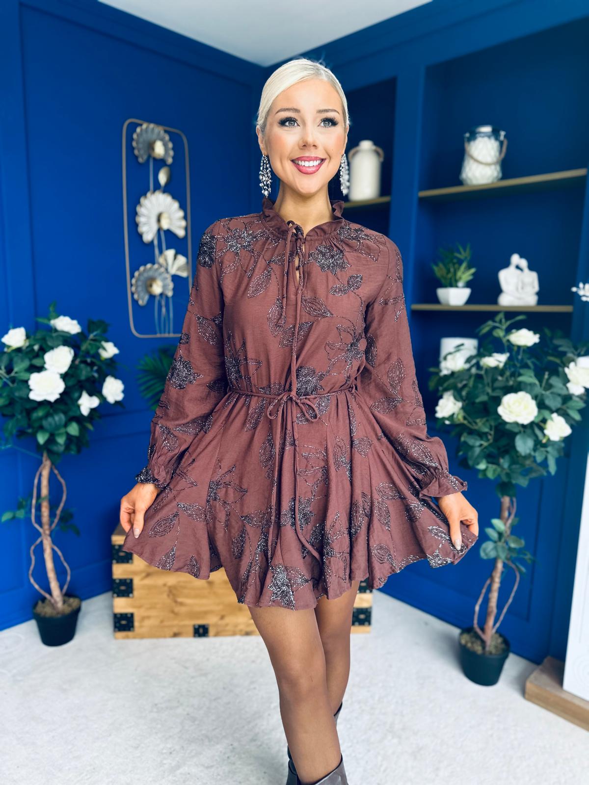 Stefi Embellished High Neck Mini Dress Chocolate