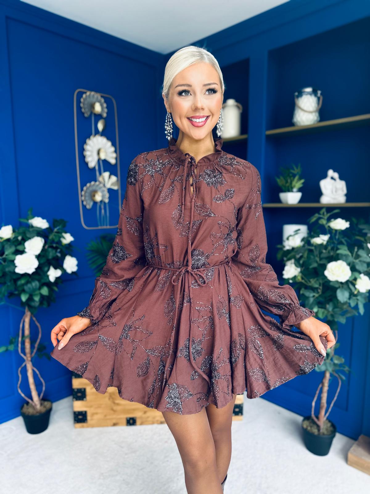 Stefi Embellished High Neck Mini Dress Chocolate