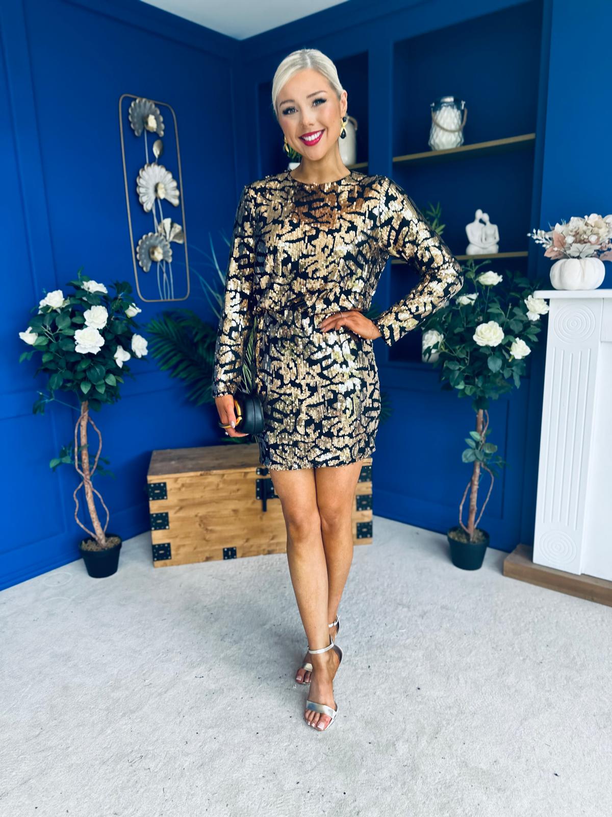 Olive Sequin Detail Mini Dress Black Gold