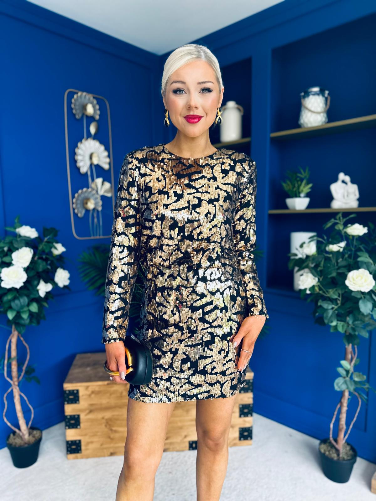 Olive Sequin Detail Mini Dress Black Gold