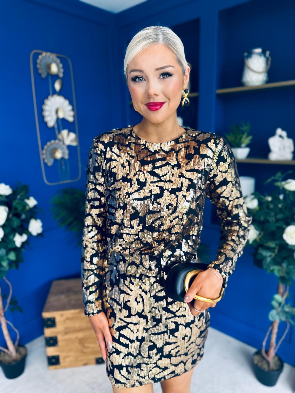 Olive Sequin Detail Mini Dress Black Gold