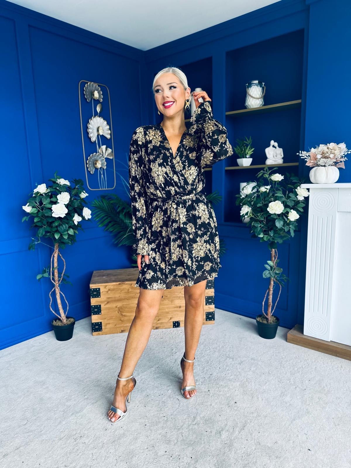 Daisy Gold Foil Plisse Mini Dress Black