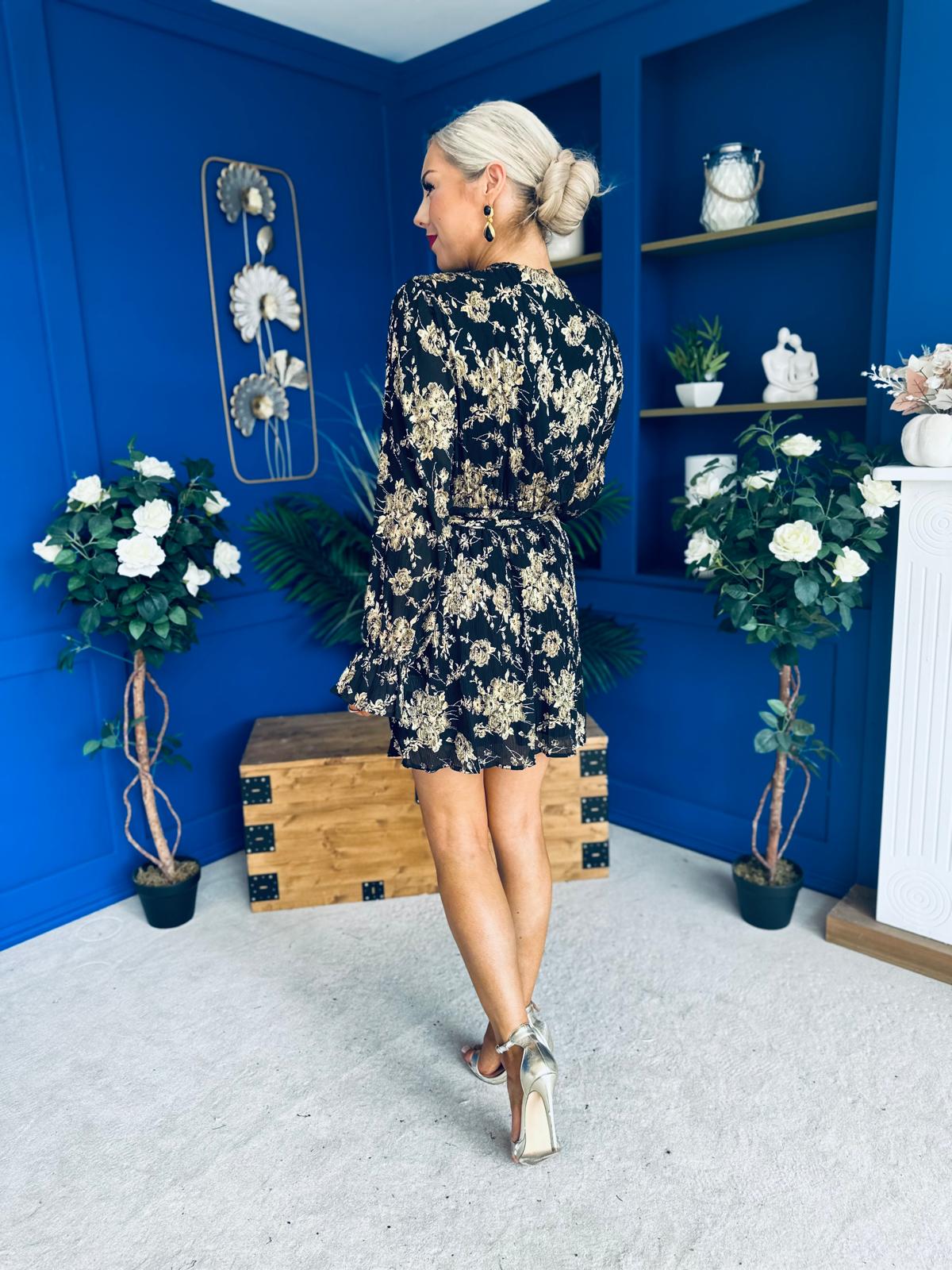 Daisy Gold Foil Plisse Mini Dress Black