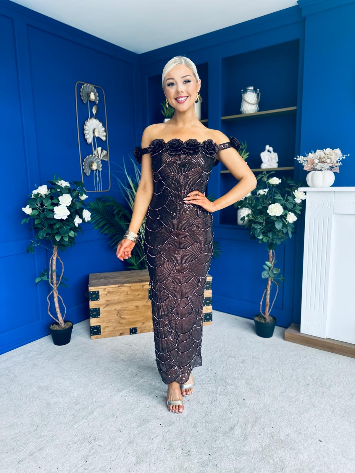 Raven Sequin Occasion Dress Chocolate
