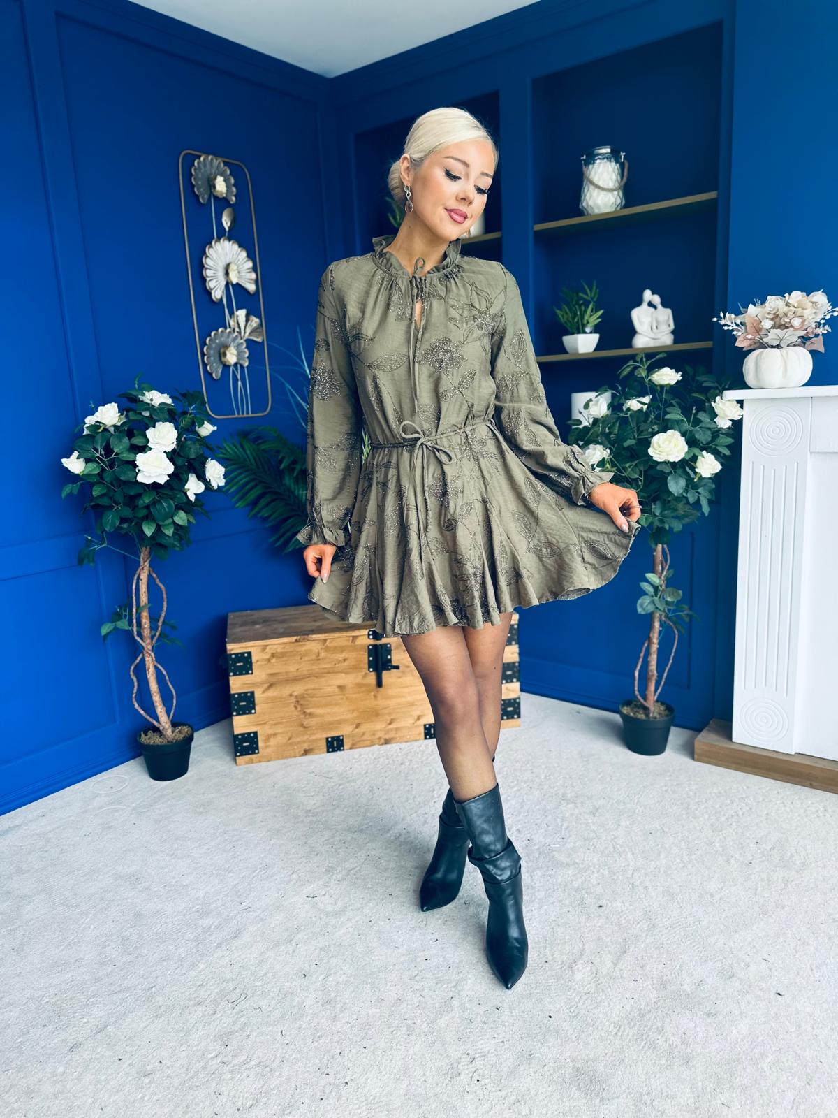 Stefi Embellished High Neck Mini Dress Khaki