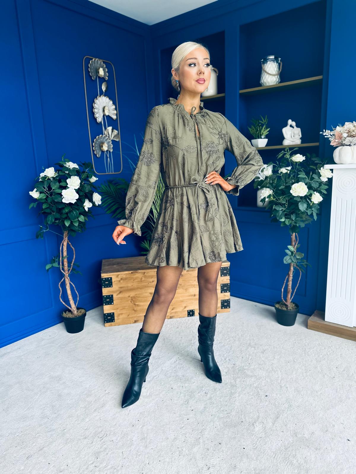 Stefi Embellished High Neck Mini Dress Khaki