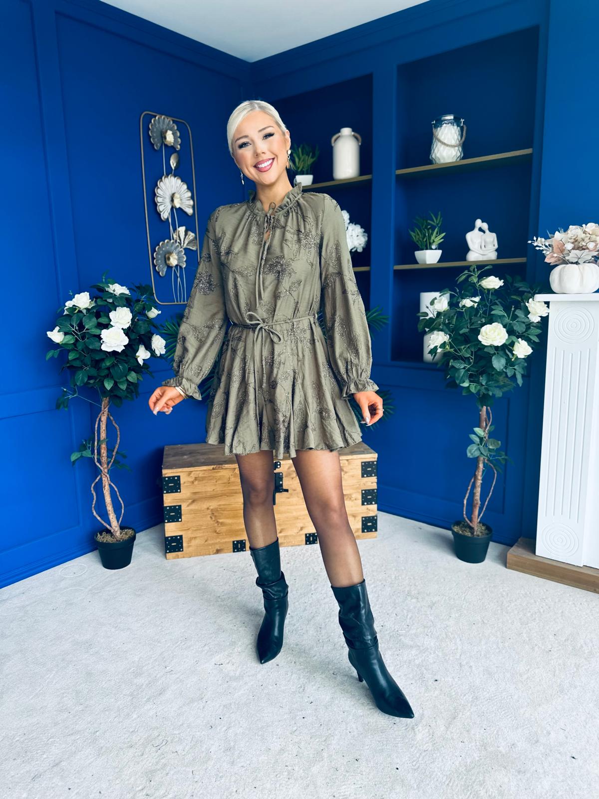 Stefi Embellished High Neck Mini Dress Khaki