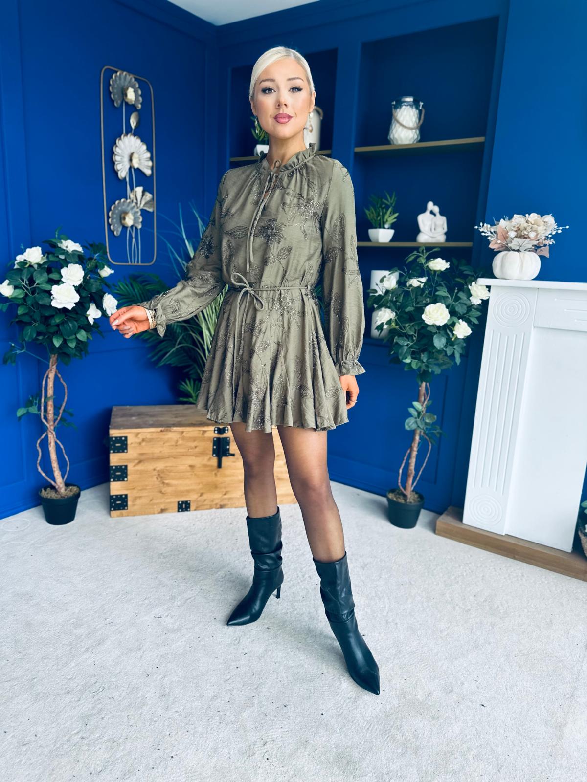Stefi Embellished High Neck Mini Dress Khaki