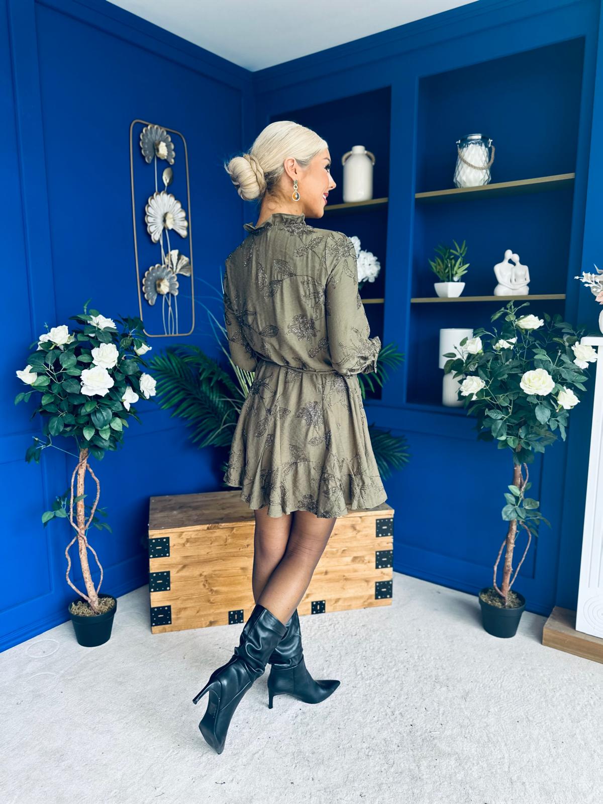 Stefi Embellished High Neck Mini Dress Khaki