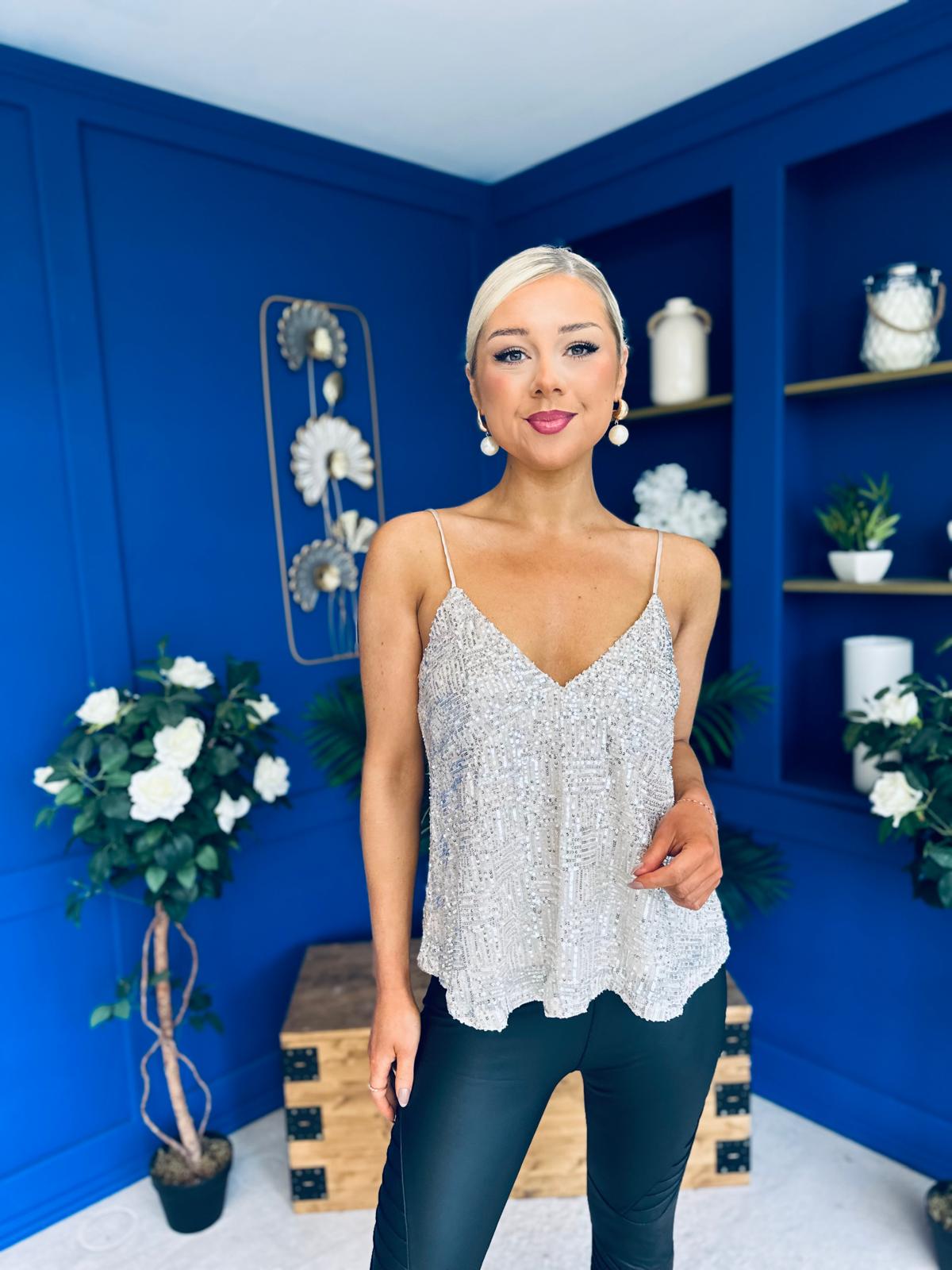 Julia Sequin Cami Top Beige