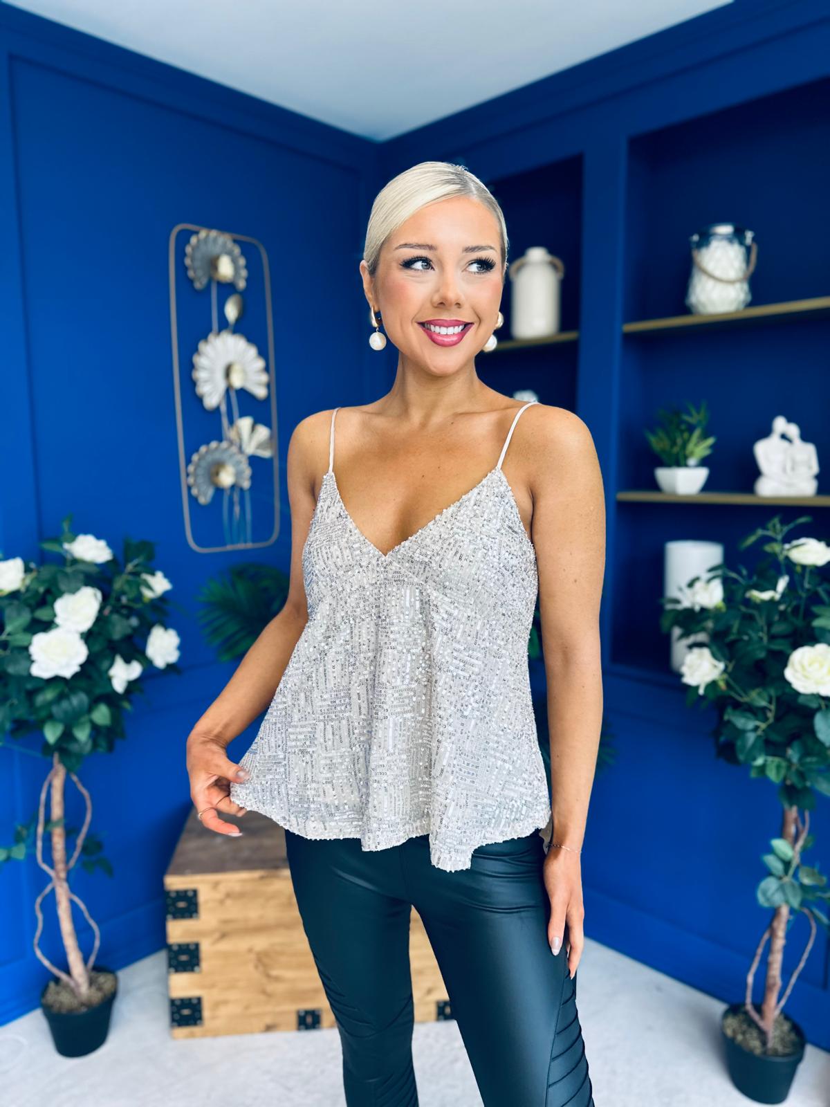 Julia Sequin Cami Top Beige