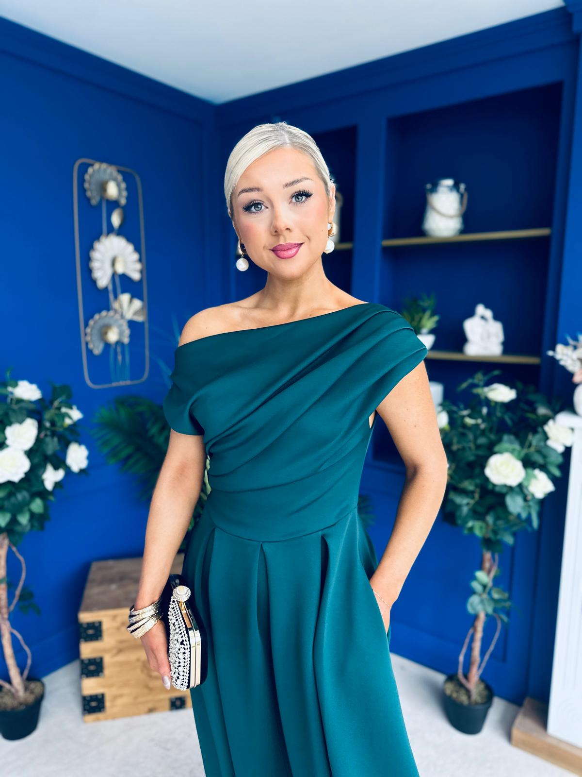 Breffy Asymmetric Neckline Skater Midi Emerald Pre Order 25 Oct