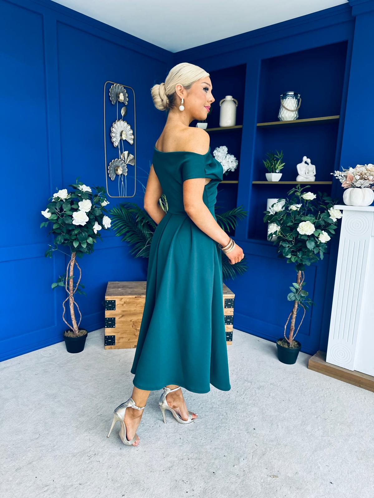 Breffy Asymmetric Neckline Skater Midi Emerald Pre Order 25 Oct