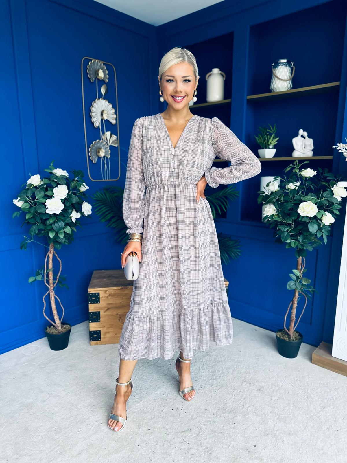 Zoe Banded Midi Dress Check Beige