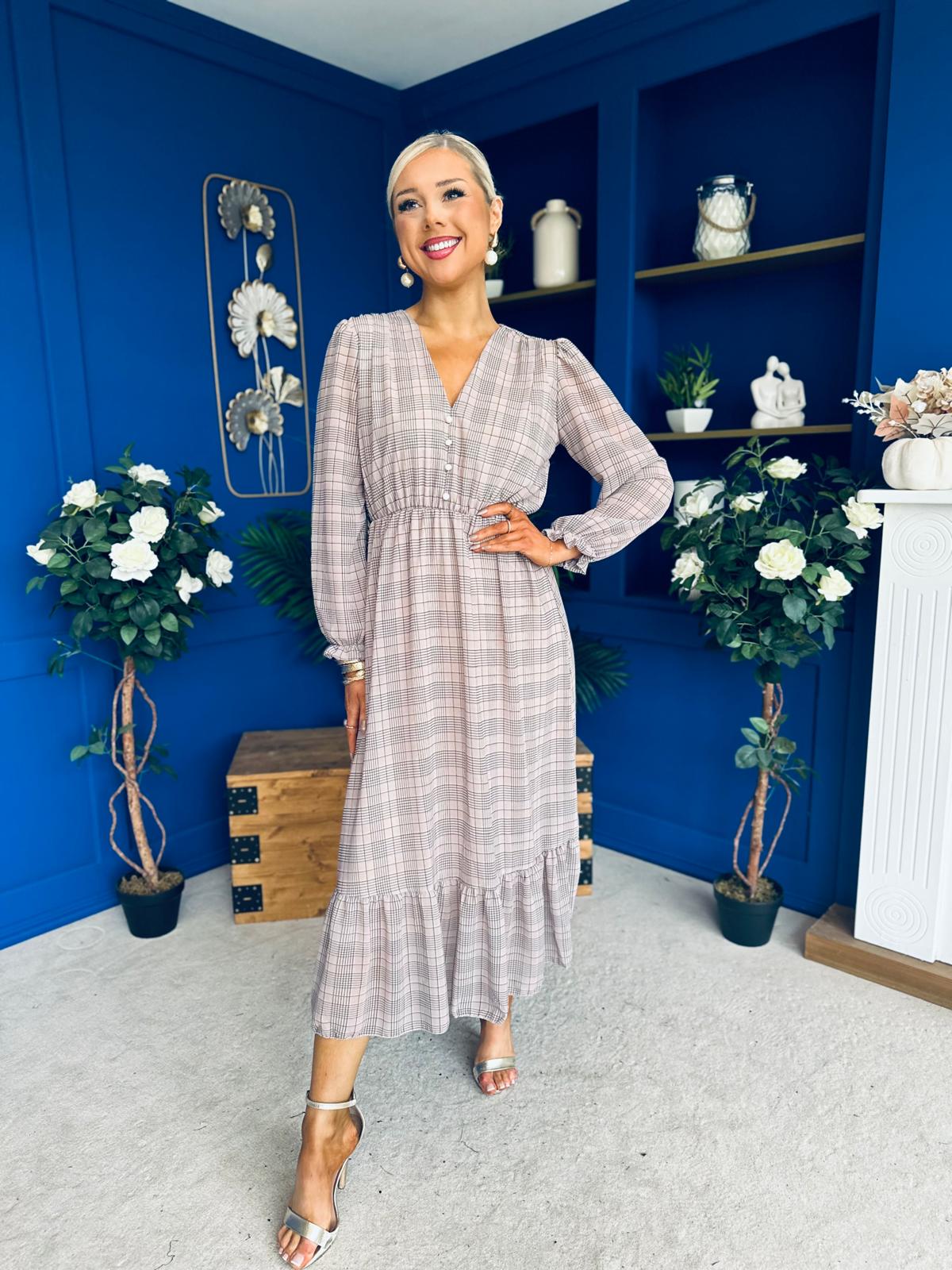 Zoe Banded Midi Dress Check Beige