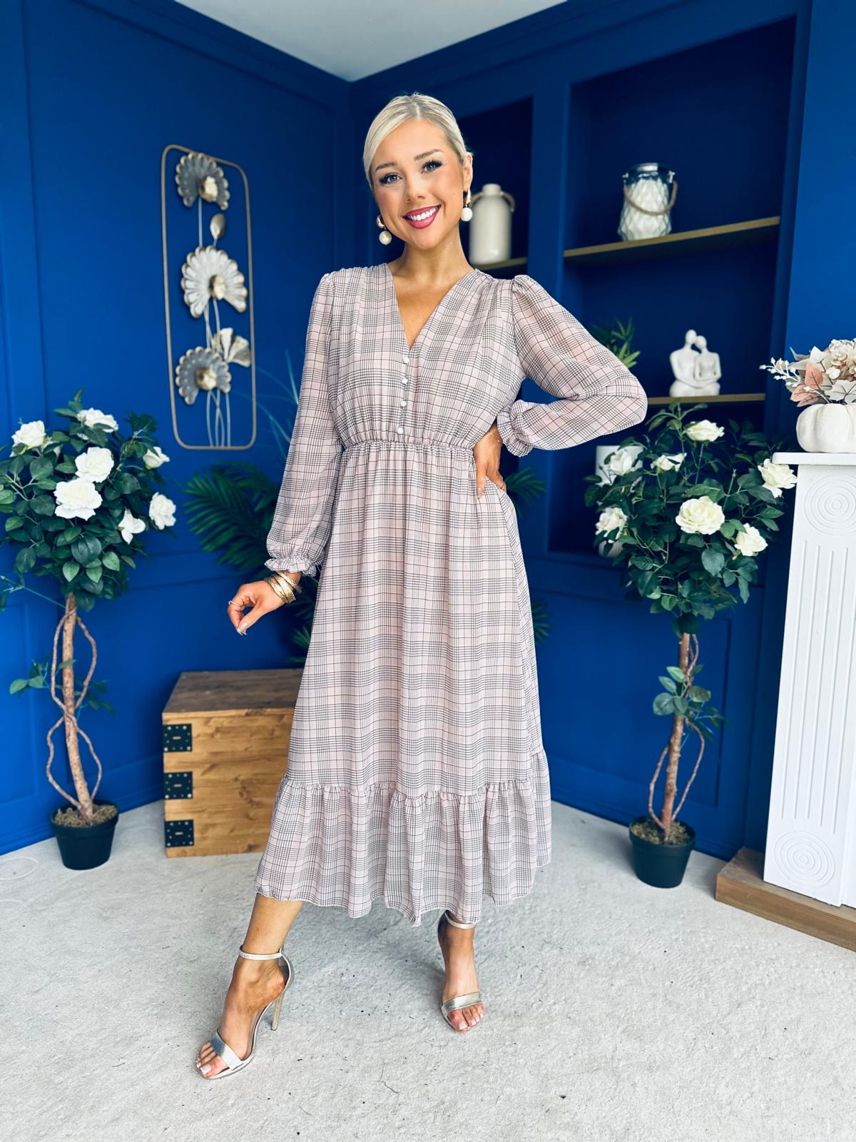 Zoe Banded Midi Dress Check Beige