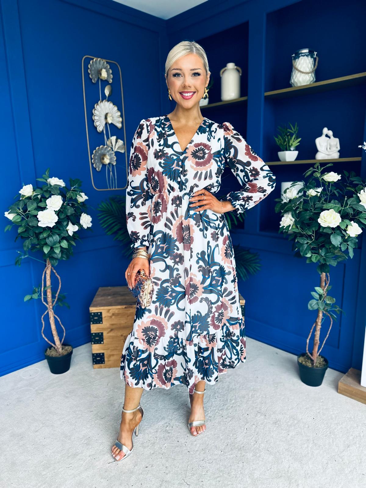 Zoe Banded Midi Dress Floral Blue