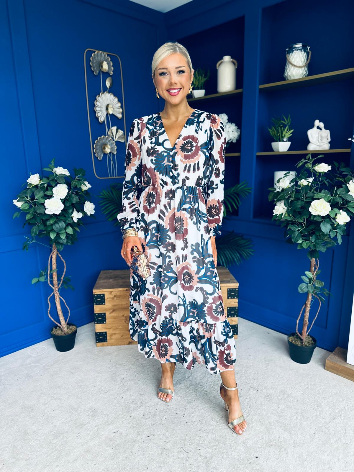 Zoe Banded Midi Dress Floral Blue