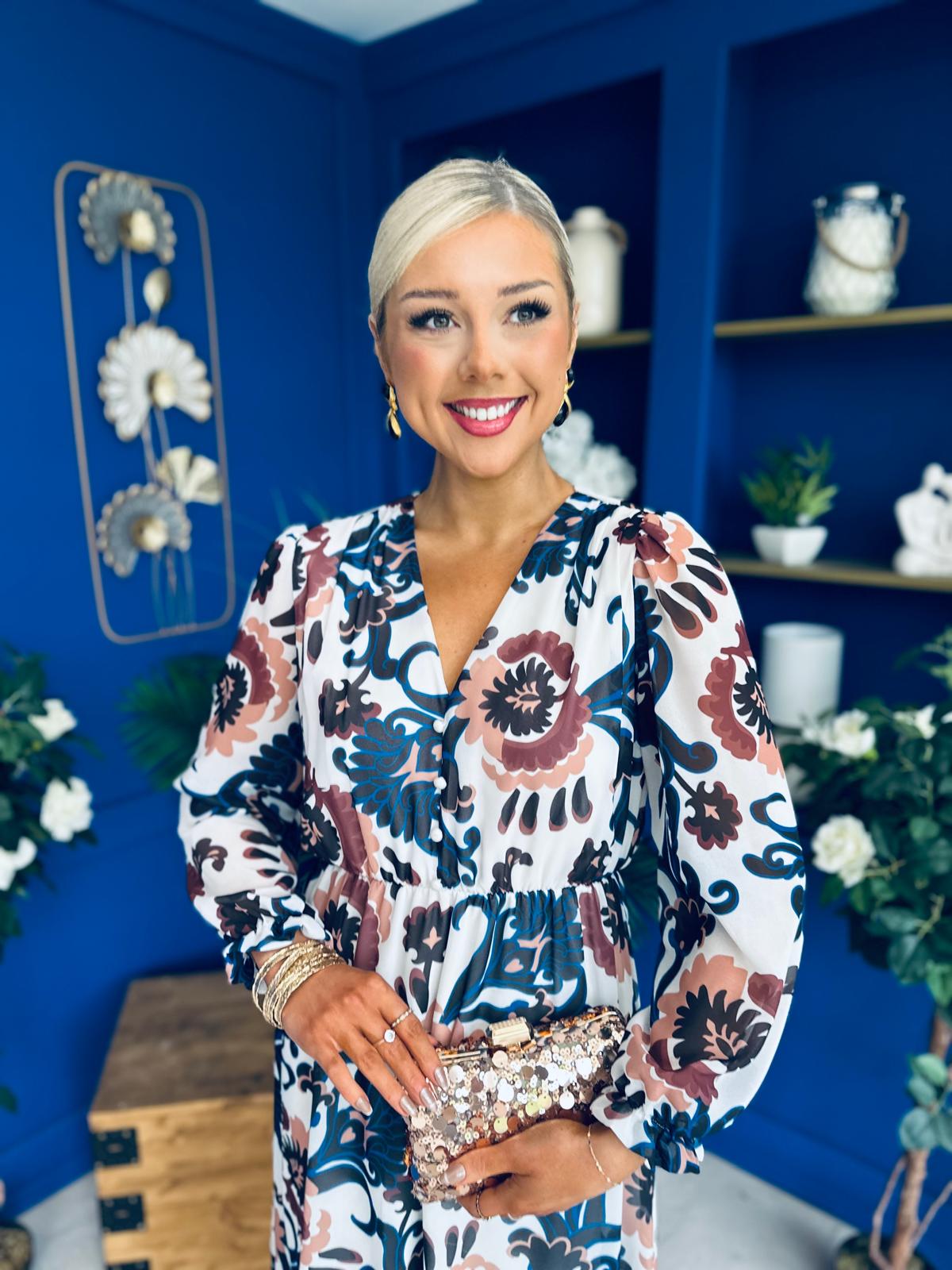 Zoe Banded Midi Dress Floral Blue