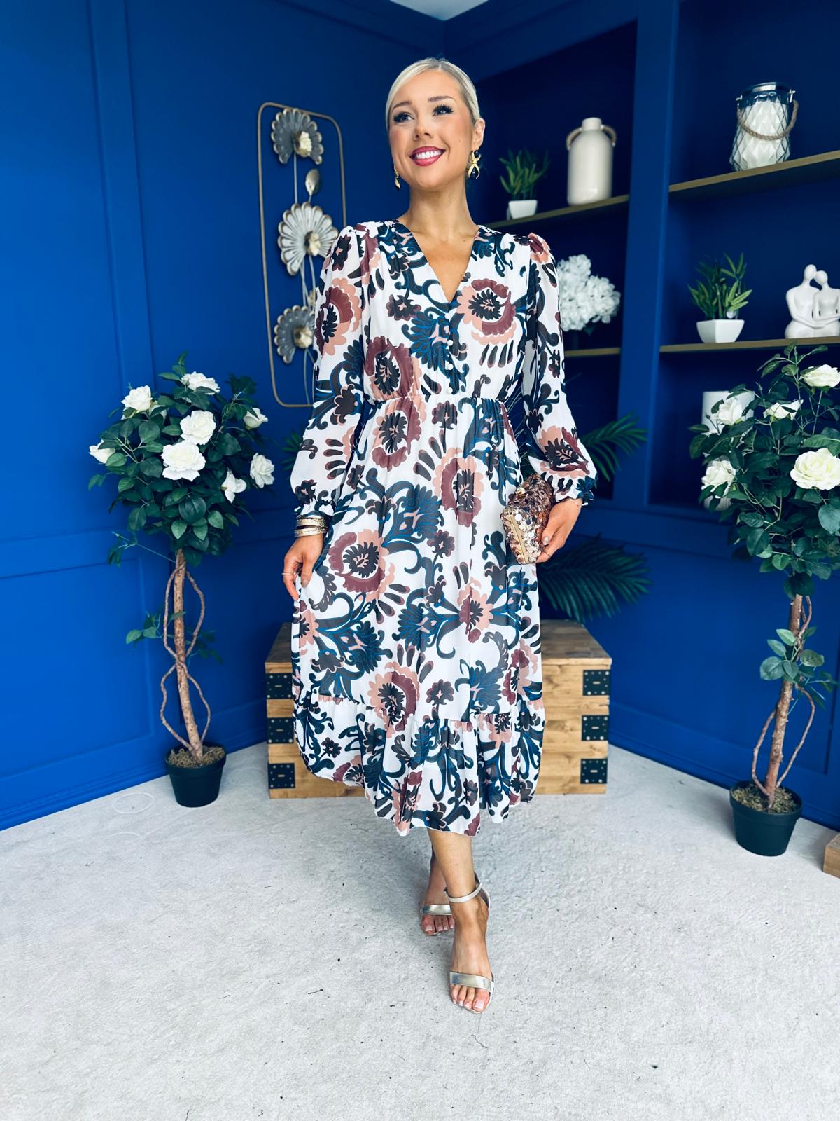 Zoe Banded Midi Dress Floral Blue