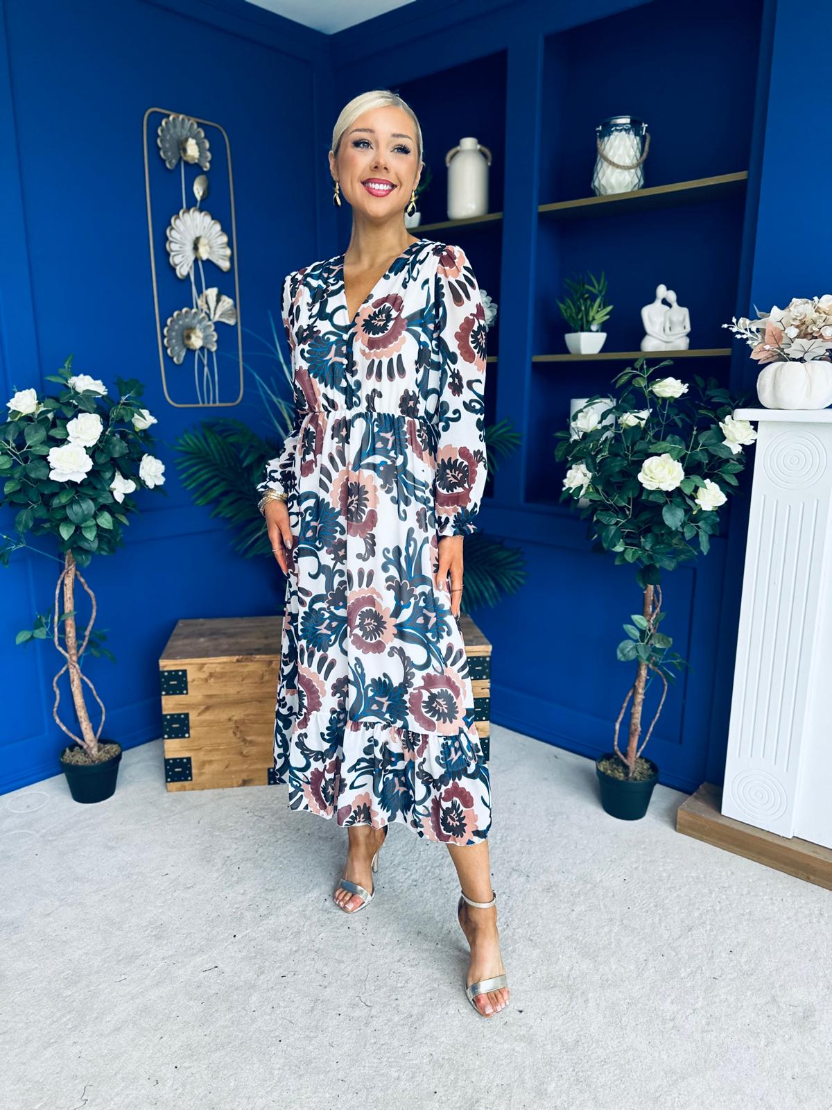 Zoe Banded Midi Dress Floral Blue