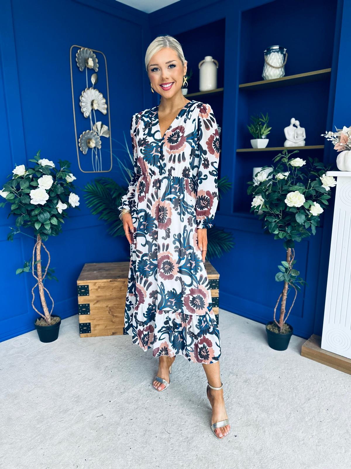 Zoe Banded Midi Dress Floral Blue