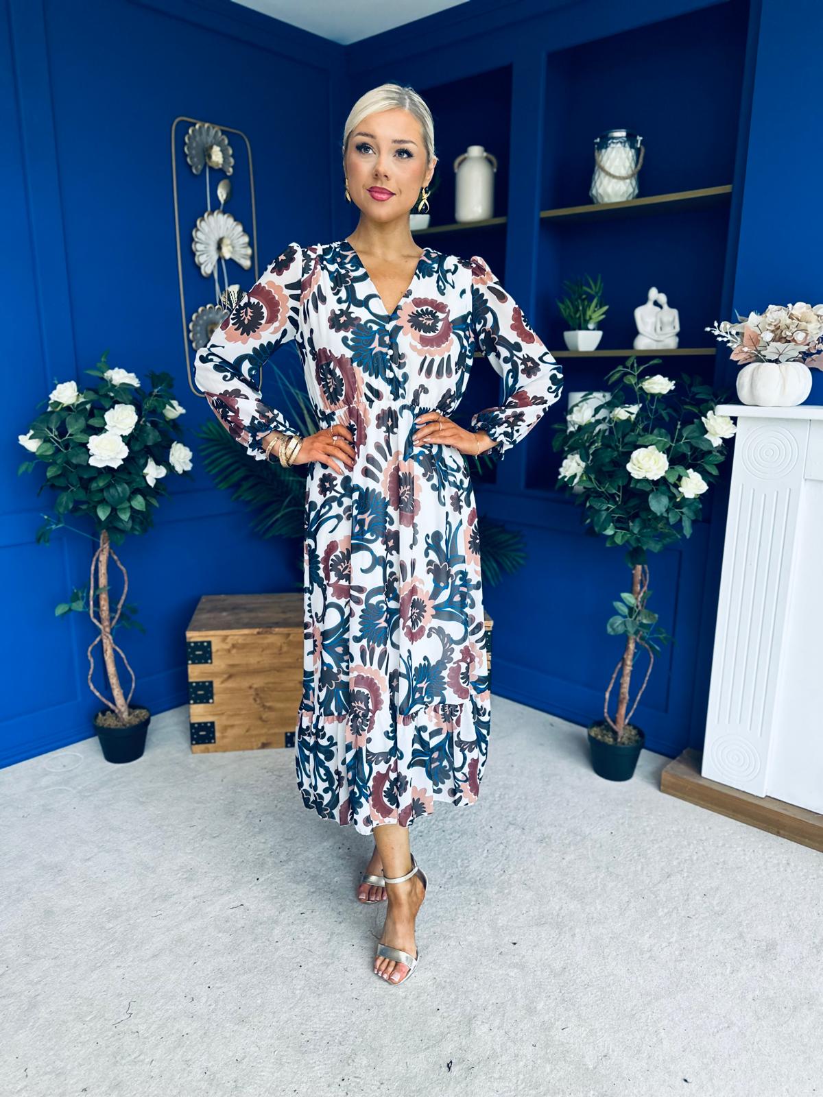 Zoe Banded Midi Dress Floral Blue