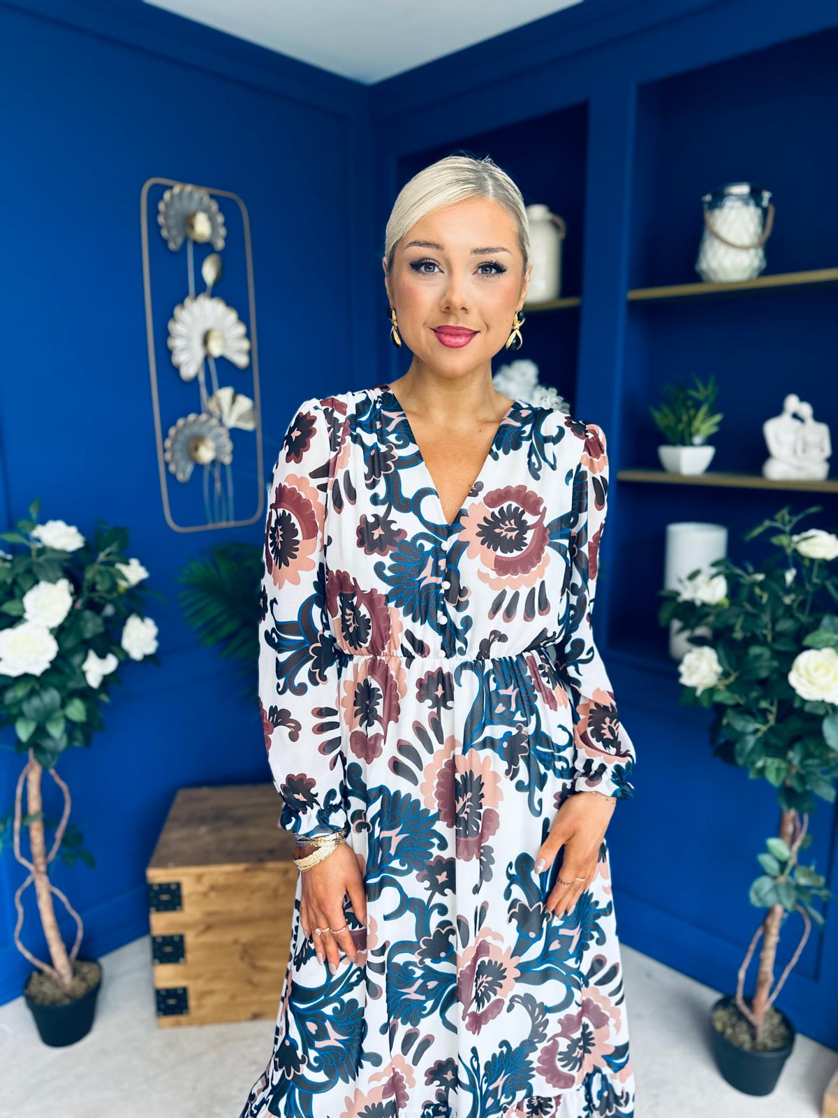 Zoe Banded Midi Dress Floral Blue