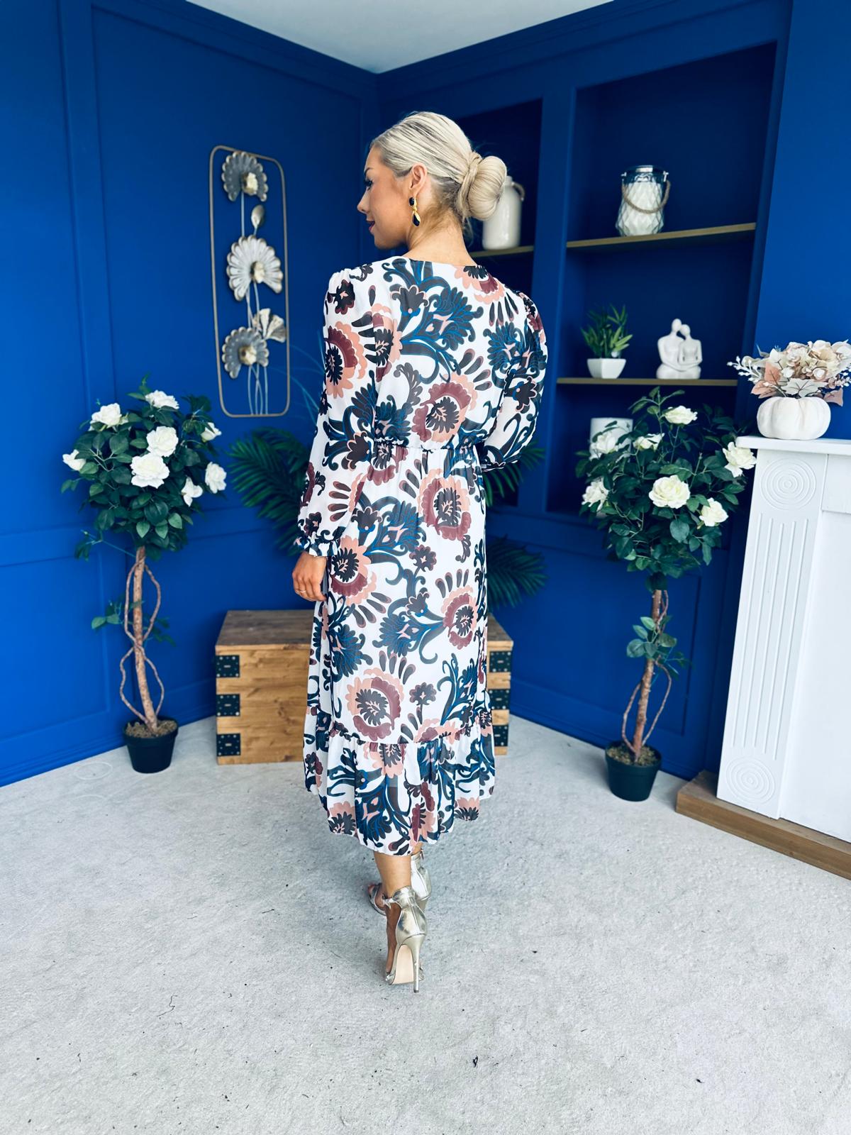 Zoe Banded Midi Dress Floral Blue