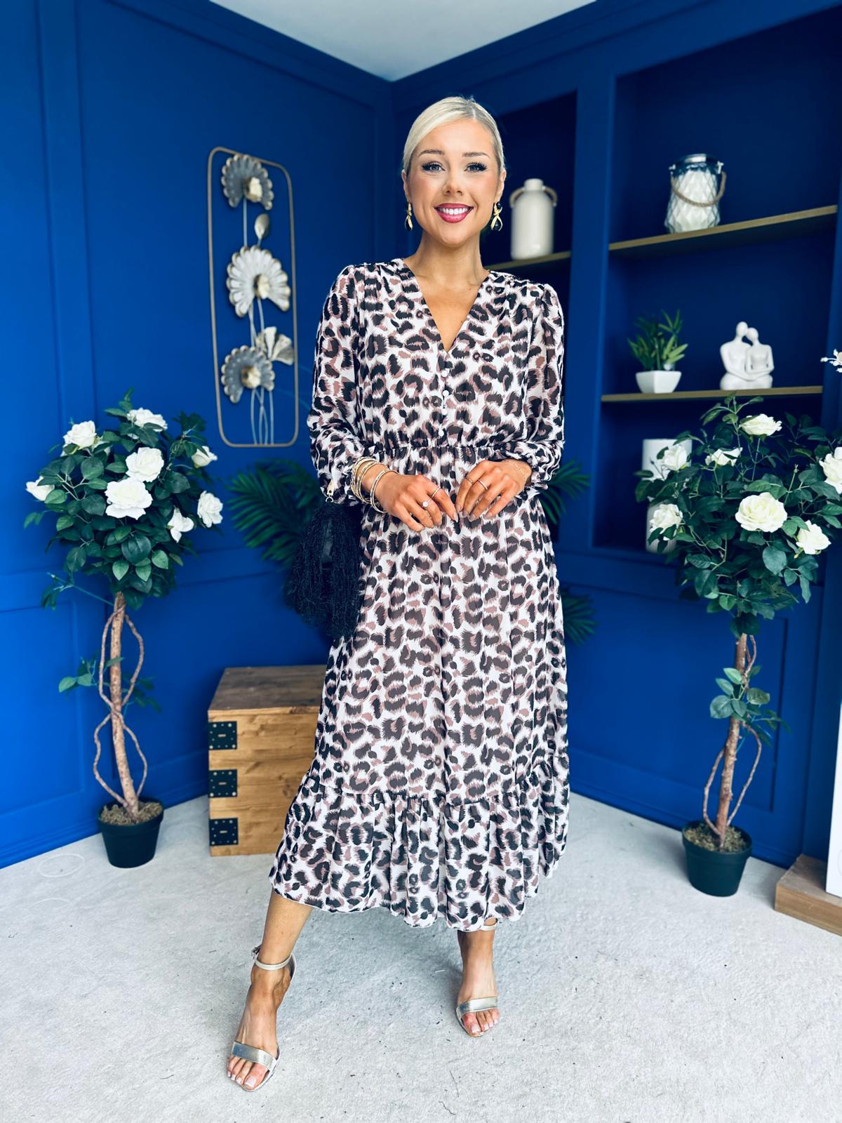 Zoe Banded Midi Dress Leopard Beige