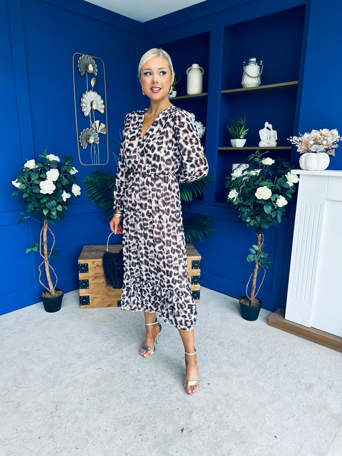 Zoe Banded Midi Dress Leopard Beige