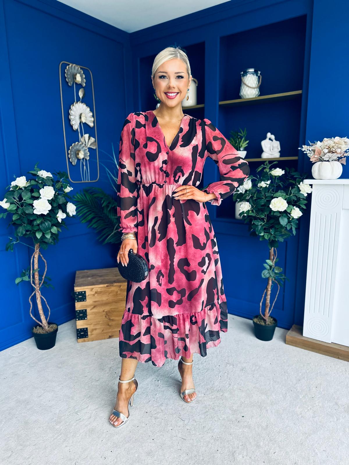 Zoe Banded Midi Dress Animal Ruby
